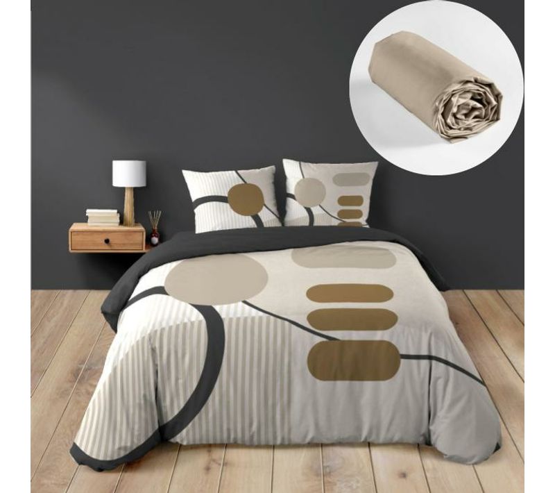 Pack Parure De Couette 240 X 220 Cm – Coton 42 Fils – Santana + Drap Housse 140x190 Cm Beige