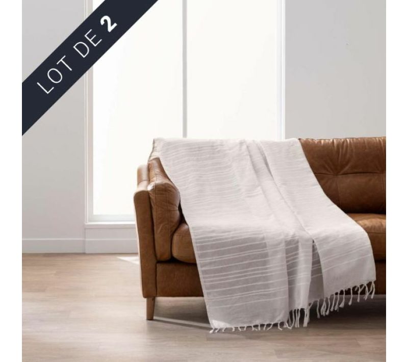 Lot De 2 Plaids Lilia 180 X 220 Cm – 100 % Coton – Plaid à Franges Naturel