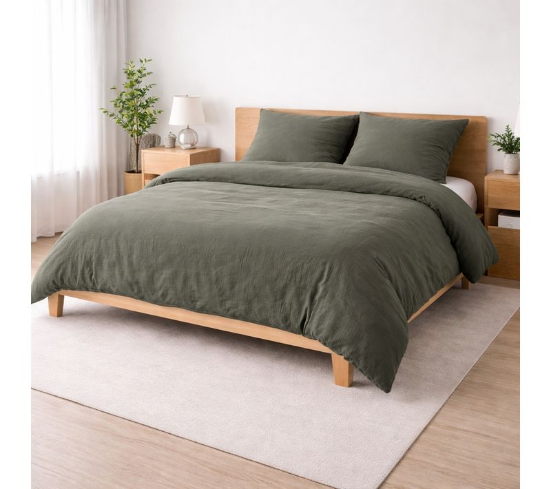 Parure De Lit 260 X 240 Cm Sienna Kaki + 2 Taies 63x63 Cm – Double Face Gaze De Coton et Coton 57