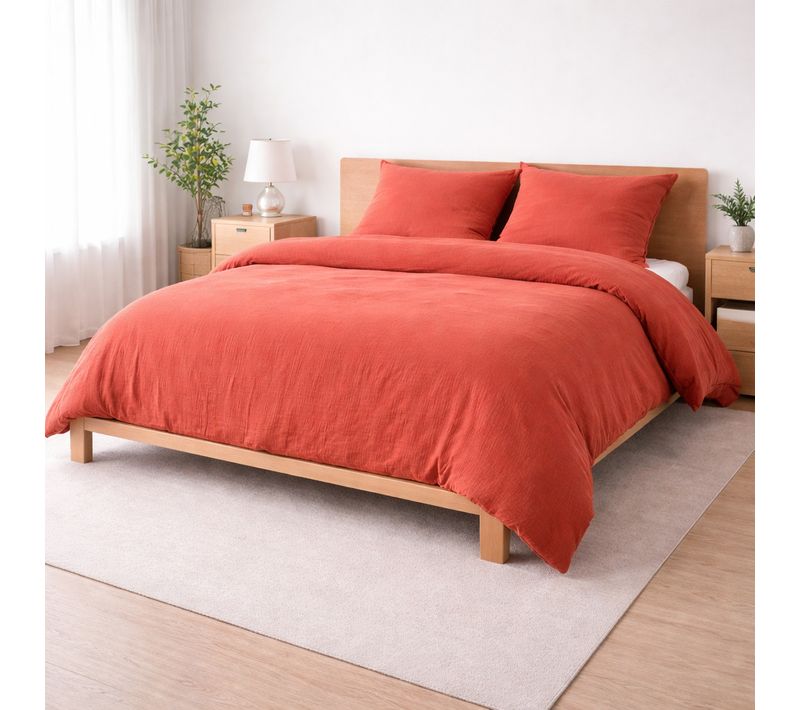 Parure De Lit 260 X 240 Cm Sienna Terracotta + 2 Taies 63x63 Cm – Double Face Gaze De Coton et Coton