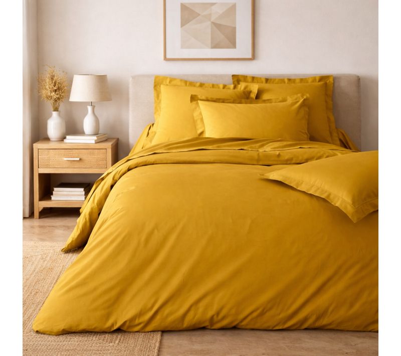 Parure De Lit 260 X 240 Cm – Percale De Coton 78 Fils – Curry  - Qualité Hôtel – 2 Taies 63x63 Cm