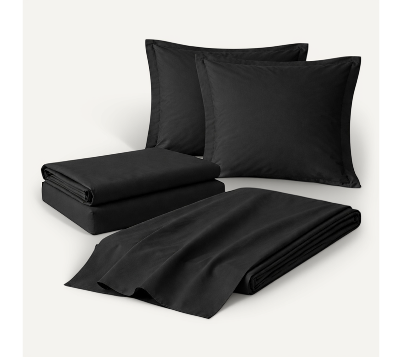 Parure De Drap 4 Pièces En Coton 57 Fils 140 X 190 Cm Noir – Drap-housse, Drap Plat Et 2 Taies