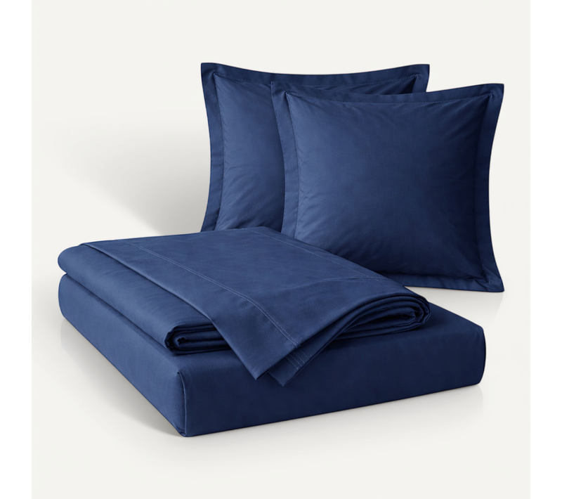 Parure De Drap 4 Pièces En Coton 57 Fils 140 X 190 Cm Bleu – Drap-housse, Drap Plat Et 2 Taies