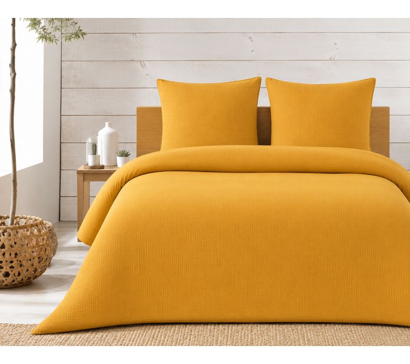 Parure De Lit Complète 260 X 240 Cm Gaze De Coton – 2 Taies 63x63 Cm + Drap Housse 160x200 Cm Jaune