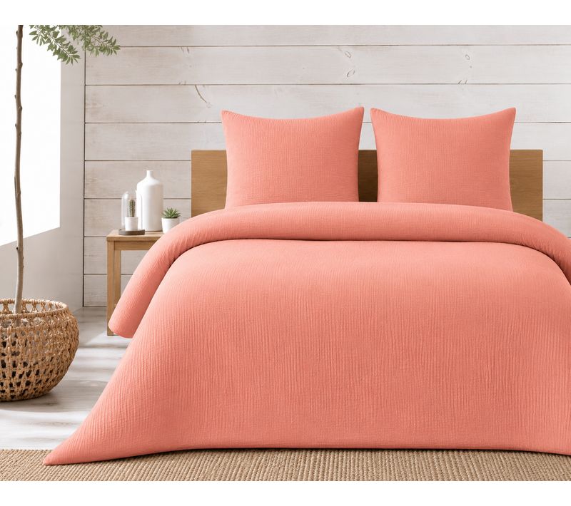 Parure De Lit Complète 260 X 240 Cm Gaze De Coton – 2 Taies 63x63 Cm + Drap Housse 160x200 Cm Rose