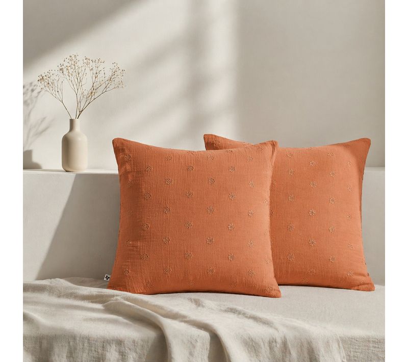 Lot De 2 Taies D’oreiller 60 X 60 Cm – Gaze De Coton Brodée – Gaïa Boho Abricot