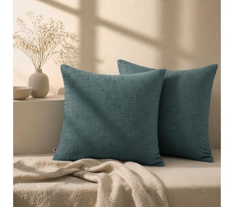 Lot De 2 Taies D’oreiller 60 X 60 Cm – Gaze De Coton Brodée – Gaïa Boho Bleu Canard
