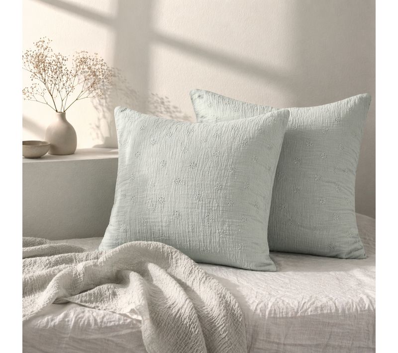 Lot De 2 Taies D’oreiller 60 X 60 Cm – Gaze De Coton Brodée – Gaïa Boho Eucalyptus