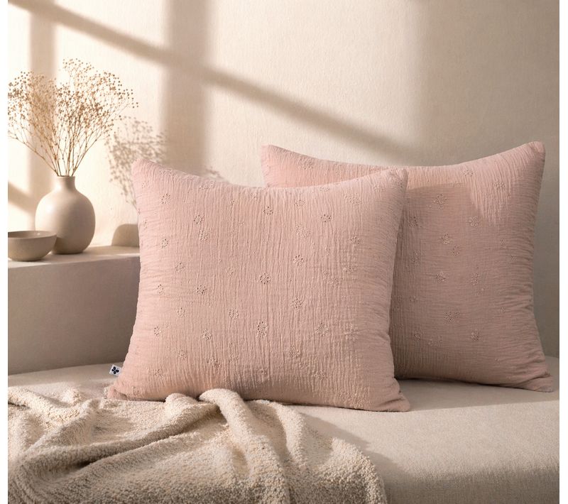 Lot De 2 Taies D’oreiller 60 X 60 Cm – Gaze De Coton Brodée – Gaïa Boho Guimauve