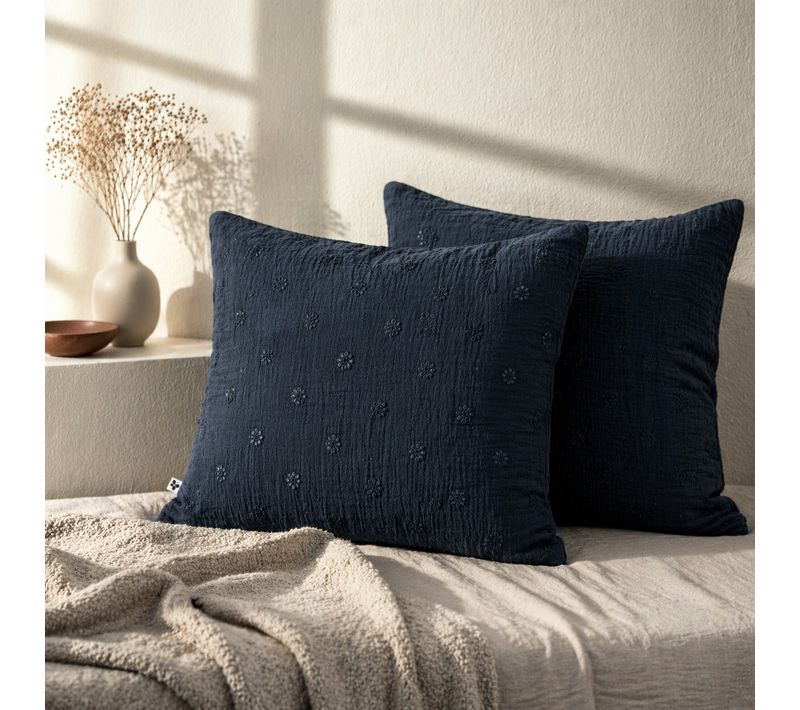 Lot De 2 Taies D’oreiller 60 X 60 Cm – Gaze De Coton Brodée – Gaïa Boho Marine