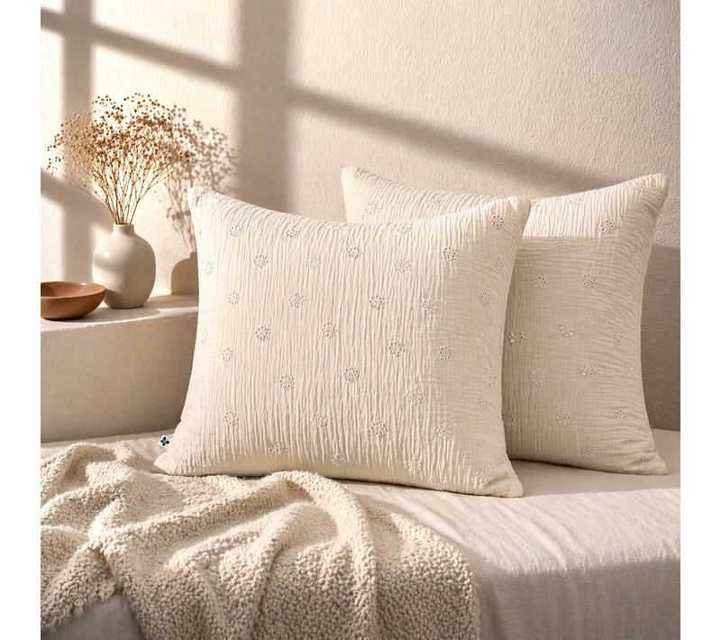 Lot De 2 Taies D’oreiller 60 X 60 Cm – Gaze De Coton Brodée – Gaïa Boho Pampa