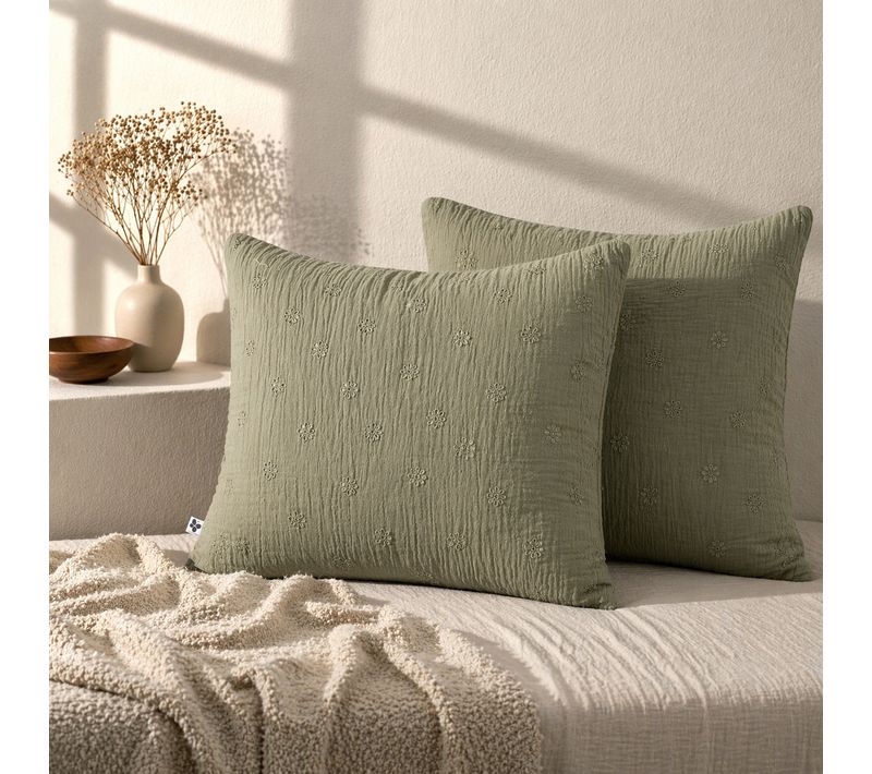 Lot De 2 Taies D’oreiller 60 X 60 Cm – Gaze De Coton Brodée – Gaïa Boho Romarin