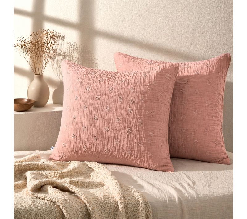 Lot De 2 Taies D’oreiller 60 X 60 Cm – Gaze De Coton Brodée – Gaïa Boho Rose Pêche