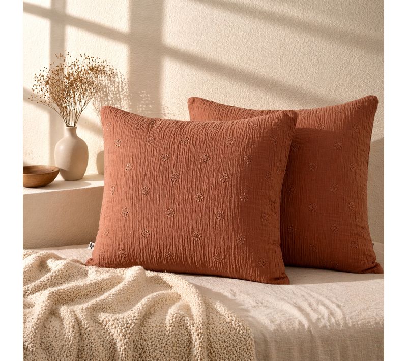 Lot De 2 Taies D’oreiller 60 X 60 Cm – Gaze De Coton Brodée – Gaïa Boho Terracotta