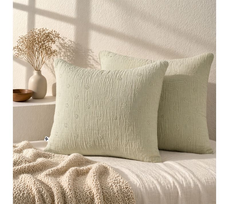 Lot De 2 Taies D’oreiller 60 X 60 Cm – Gaze De Coton Brodée – Gaïa Boho Vert D'eau