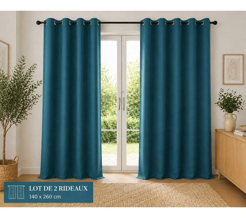 Lot De 2 Rideaux 100% Coton Prélavé 140 X 260 Cm – Kala Bleu Paon