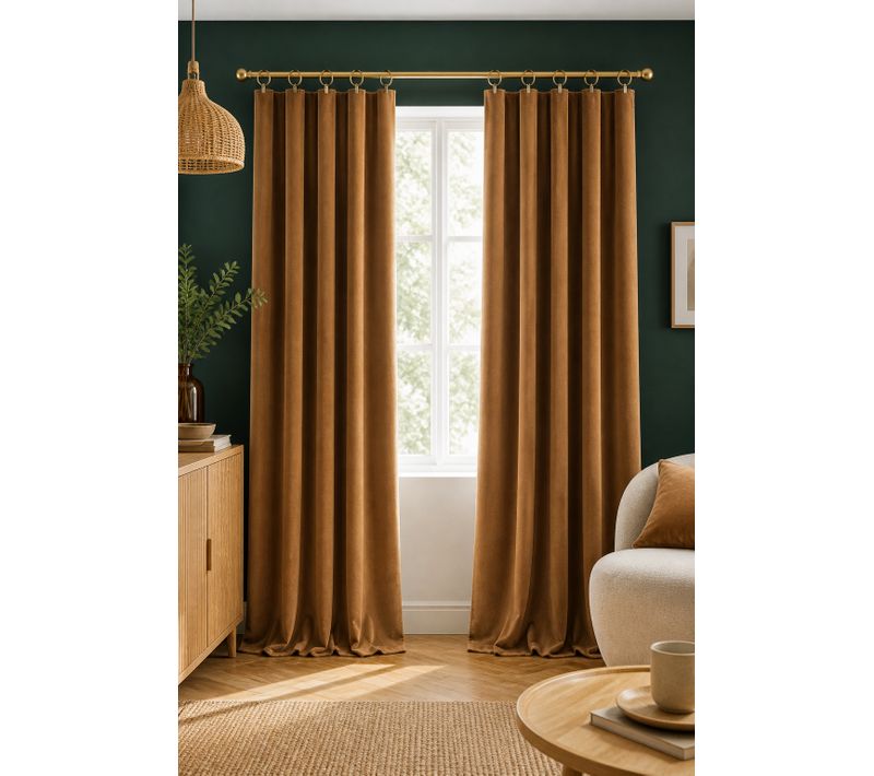 Lot De 2 Rideaux Velours Camel 140 X 270 Cm Ajustables – Anneaux Pince – Coton épais – César