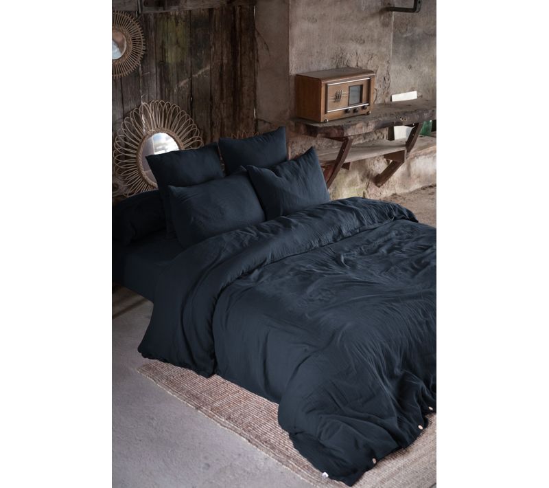 Pack Drap Housse 140 X 190 Cm + 2 Taies D’oreiller 60 X 60 Cm Double Gaze De Coton Gaïa Minuit