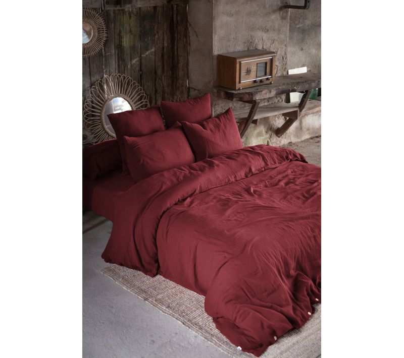Pack Drap Housse 140 X 190 Cm + 2 Taies D’oreiller 60 X 60 Cm Double Gaze De Coton Gaïa Bordeaux