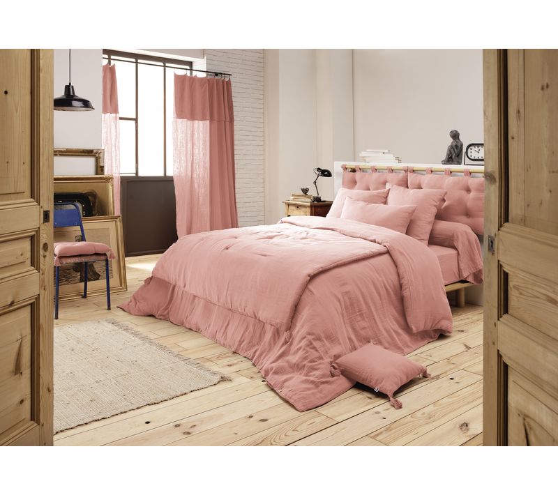 Pack Drap Housse 140 X 190 Cm + 2 Taies D’oreiller 60 X 60 Cm Double Gaze De Coton Gaïa Rose Pêche