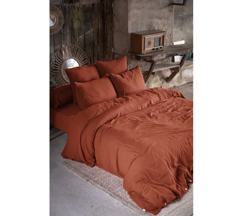 Pack Drap Housse 140 X 190 Cm + 2 Taies D’oreiller 60 X 60 Cm Double Gaze De Coton Gaïa Terracotta
