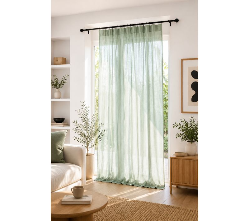 Rideau Ajustable Double Gaze De Coton 140 X 300 Cm Avec 8 Anneaux Pince Gaïa Vert D'eau – Hauteur