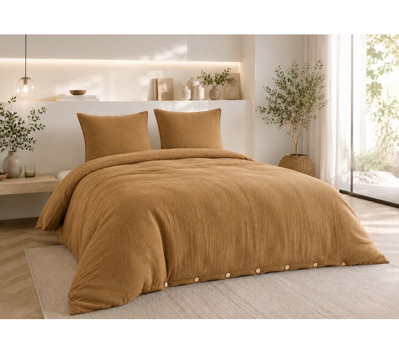 Parure De Lit 240 X 220 Cm Double Gaze De Coton Gaïa Camel + 2 Taies 60x60 Cm
