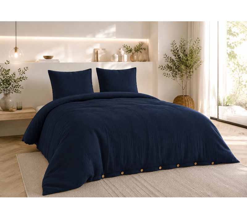 Parure De Lit 240 X 220 Cm Double Gaze De Coton Gaïa Marine + 2 Taies 60x60 Cm