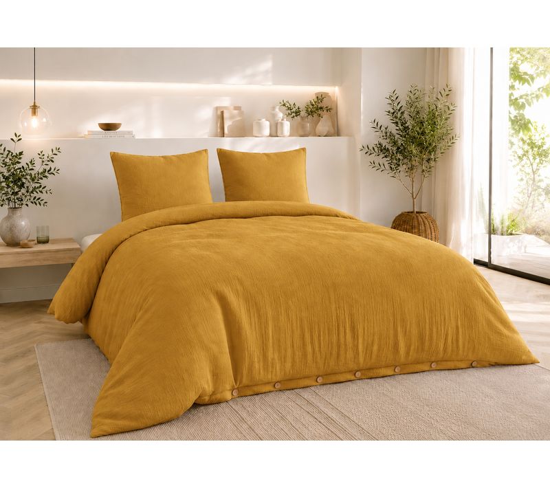 Parure De Lit 240 X 220 Cm Double Gaze De Coton Gaïa Safran + 2 Taies 60x60 Cm