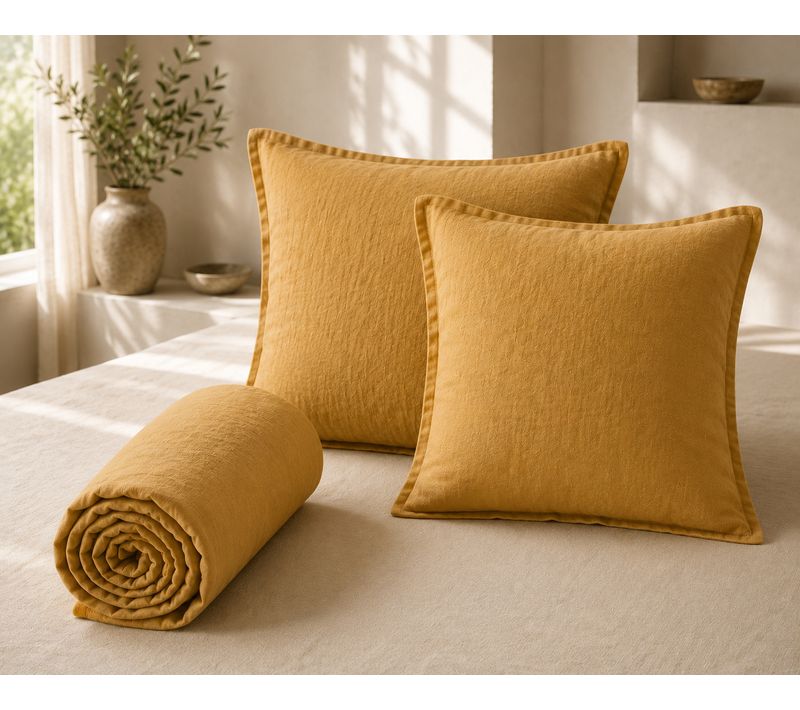 Parure Drap Housse 140 X 190 Cm + 2 Taies 60x60 Cm 100% Lin Français - Miel