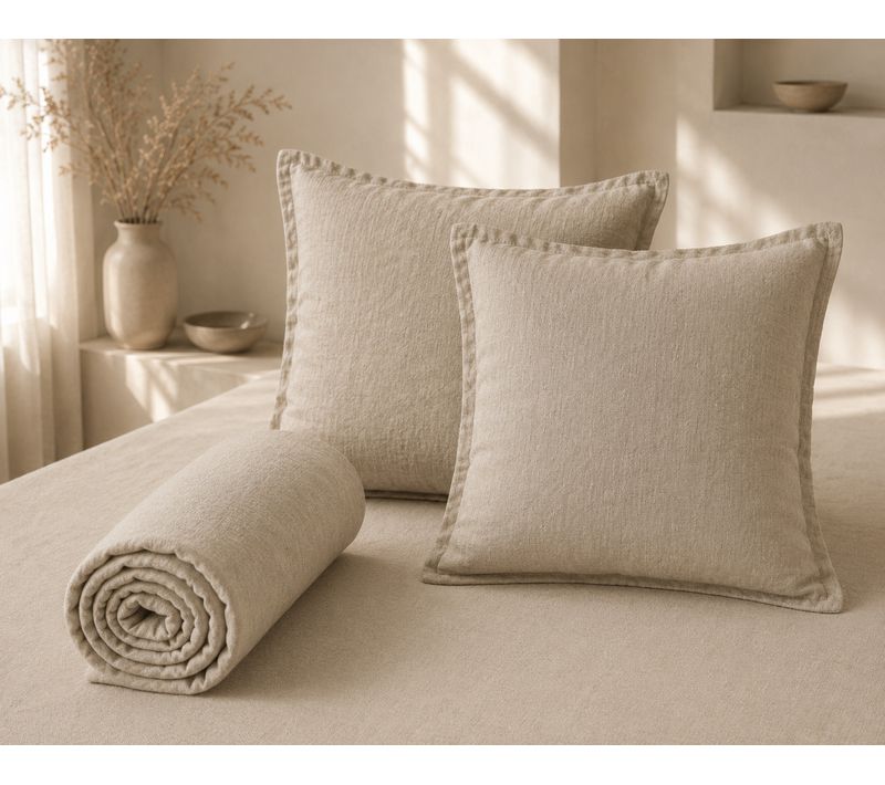 Parure Drap Housse 140 X 190 Cm + 2 Taies 60x60 Cm 100% Lin Français - Sable