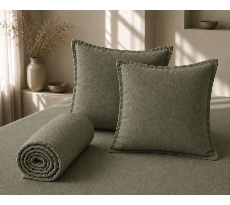 Parure Drap Housse 140 X 190 Cm + 2 Taies 60x60 Cm 100% Lin Français - Thym