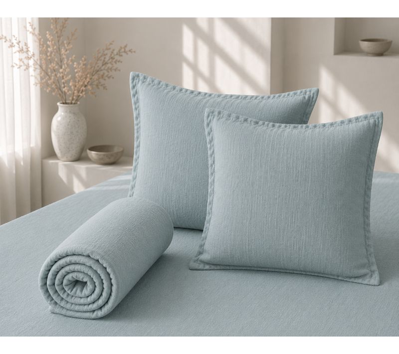 Parure Drap Housse 140 X 190 Cm + 2 Taies 60x60 Cm 100% Lin Français - Azur