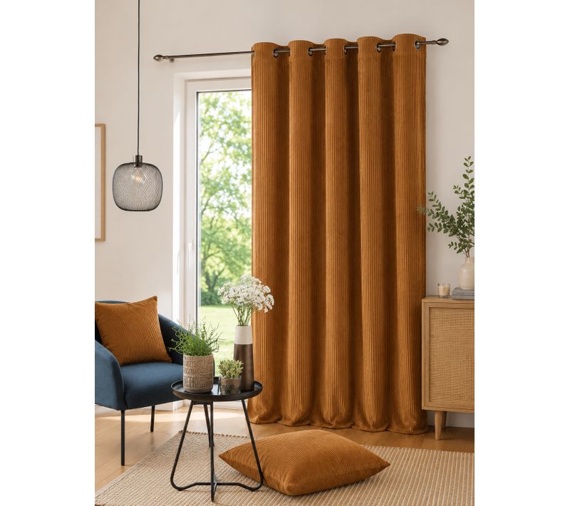 Rideau À Oeillets 140 X 260 Cm Velours Côtelé Tendance Camel