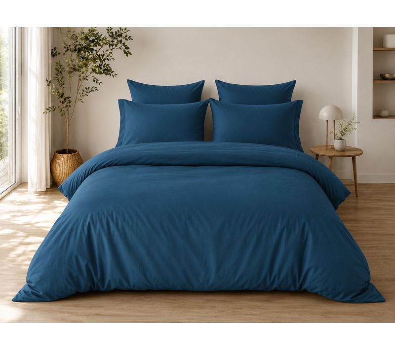 Parure De Lit Complète 240 X 220 Cm Bleu - 100% Coton 57 Fils - Drap-housse 140x190 + 4 Taies