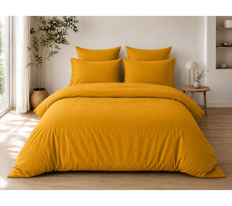 Parure De Lit Complète 240 X 220 Cm Curry - 100% Coton 57 Fils - Drap-housse 140x190 + 4 Taies
