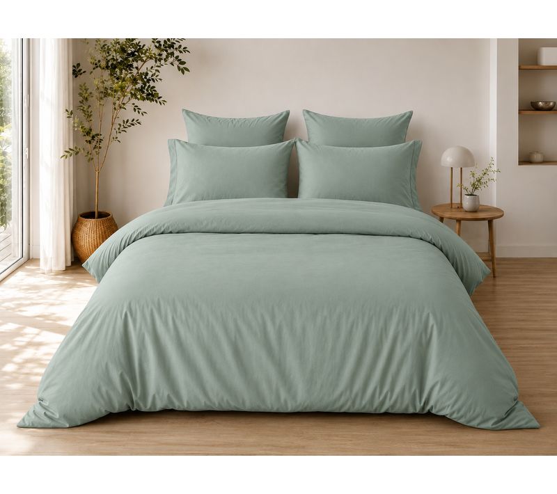 Parure De Lit Complète 240 X 220 Cm Sauge - 100% Coton 57 Fils - Drap-housse 140x190 + 4 Taies