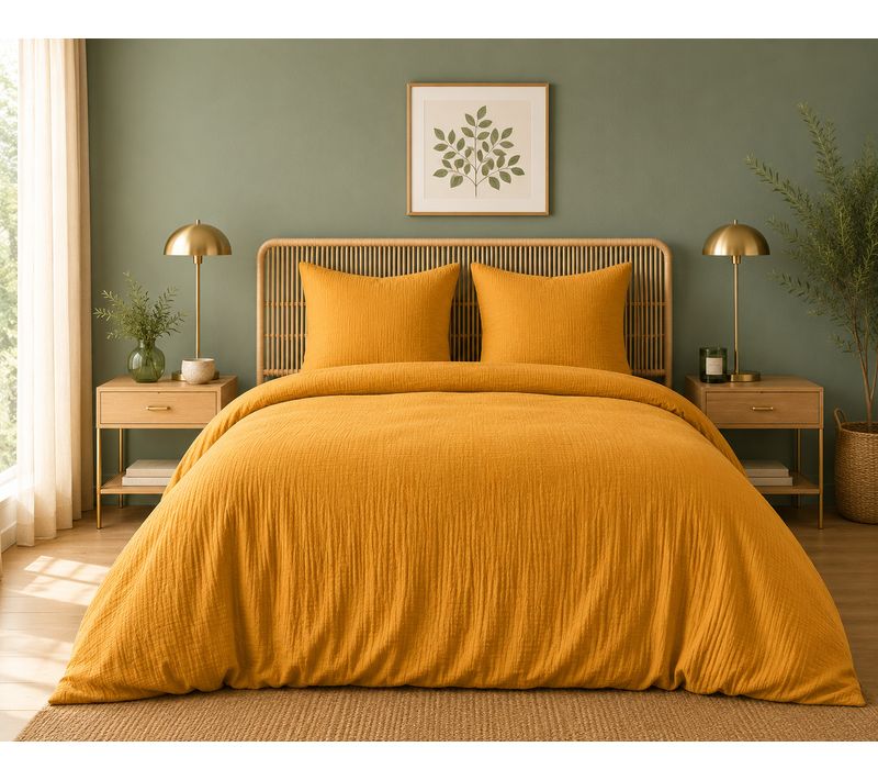 Parure De Lit En Gaze De Coton 260 X 240 Cm + 2 Taies 65 X 65 Cm Epure Jaune