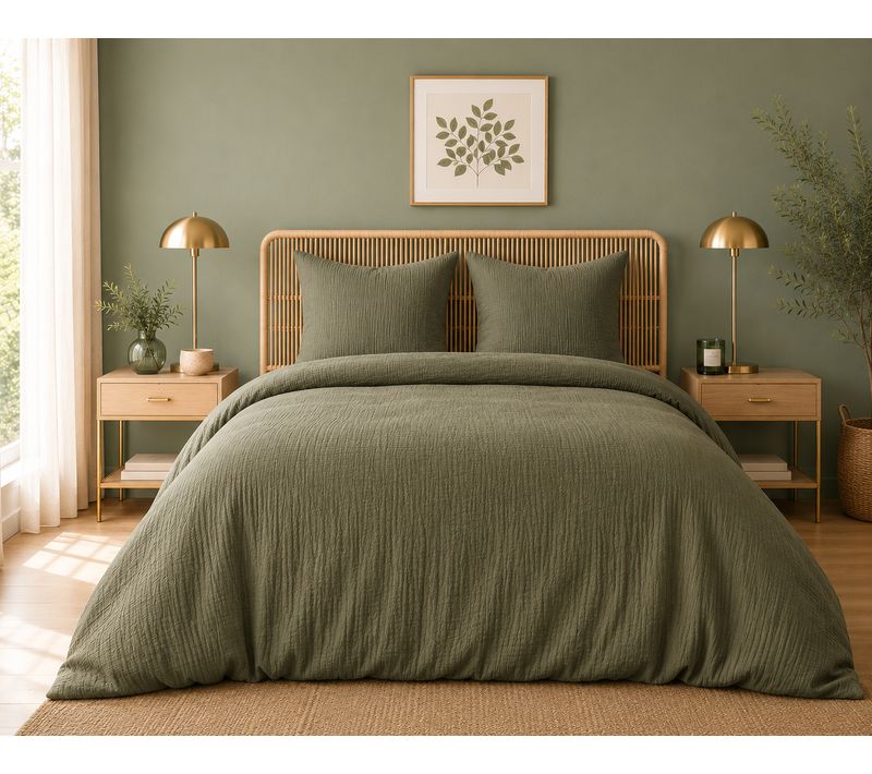 Parure De Lit En Gaze De Coton 260 X 240 Cm + 2 Taies 65 X 65 Cm Epure Olive