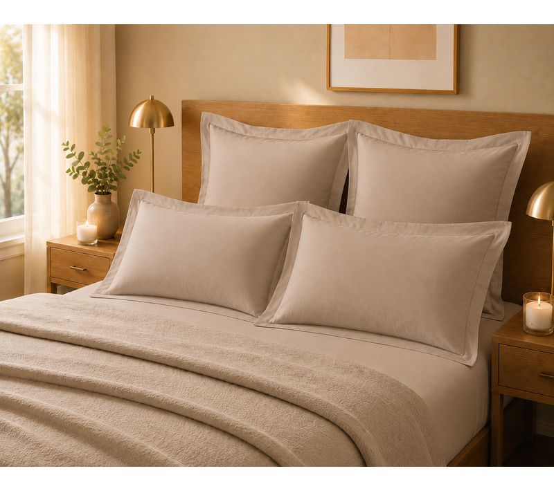 Lot De 4 Taies D'oreiller 100% Coton 57 Fils/cm² – 2 Taies 63 X 63 Cm + 2 Taies 50 X 70 Cm Sable