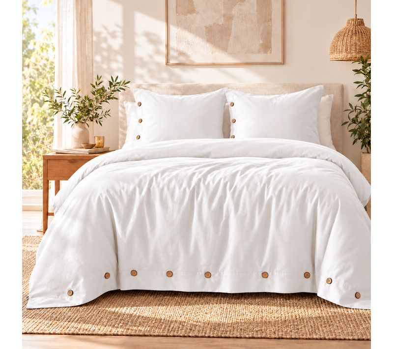 Housse De Couette 240 X 220 Cm + 2 Taies 65 X 65 Cm 100% Percale De Coton 120 Fils Perrine – Blanc