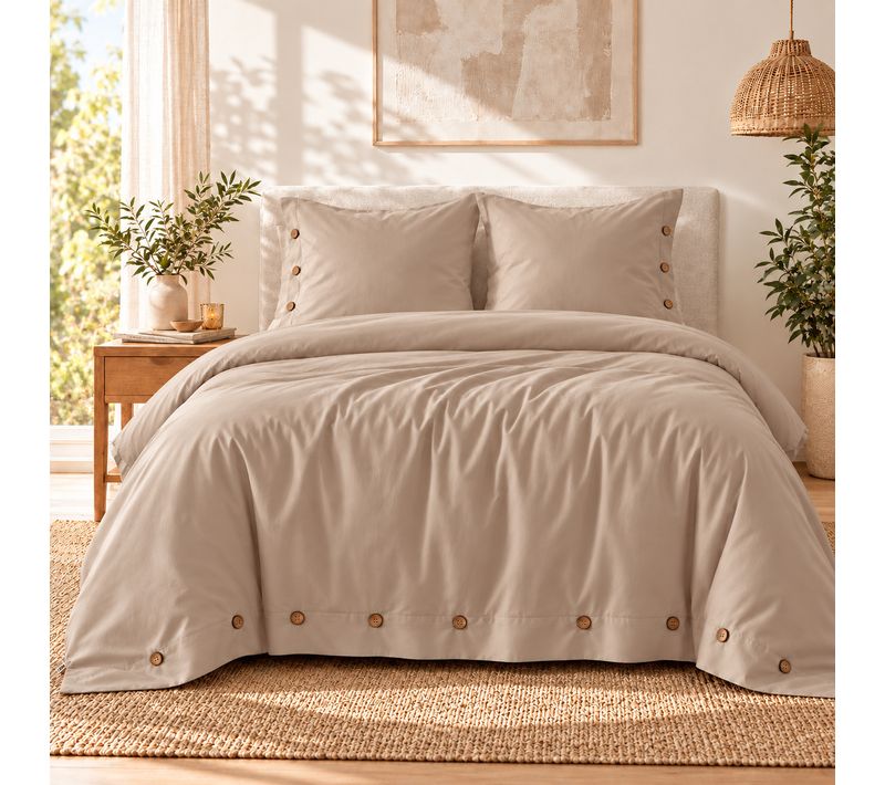 Housse De Couette 240 X 220 Cm + 2 Taies 65 X 65 Cm 100% Percale De Coton 120 Fils Perrine – Ficelle