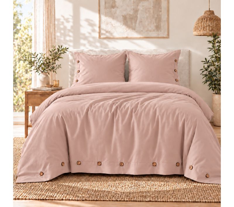 Housse De Couette 240 X 220 Cm + 2 Taies 65 X 65 Cm 100% Percale De Coton 120 Fils Perrine – Blush