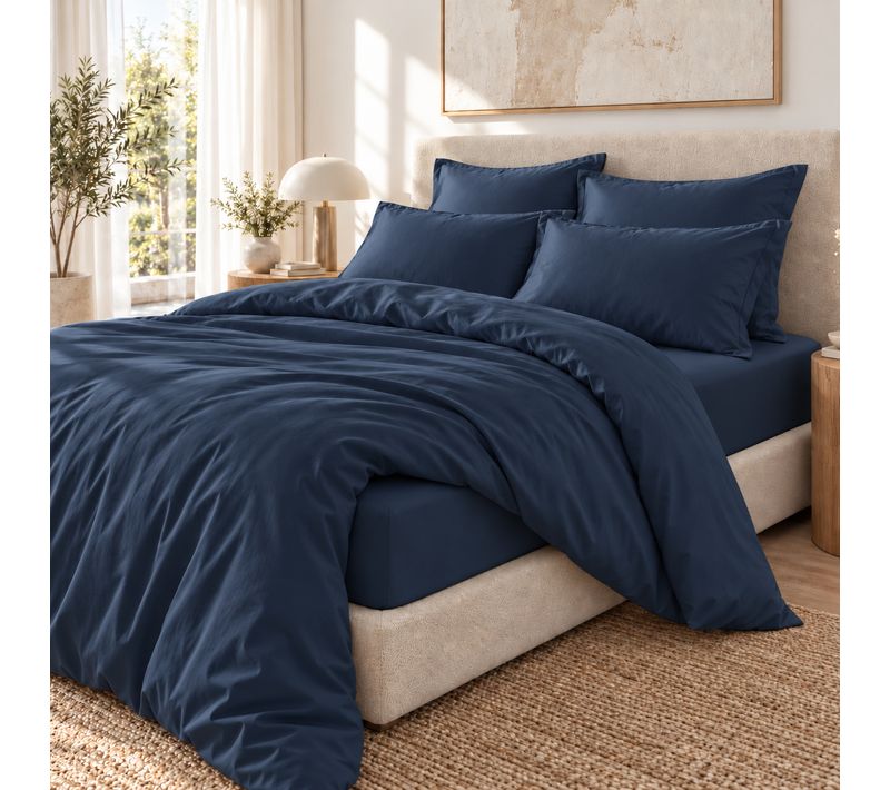 Parure De Lit 260 X 240 Cm 100% Viscose De Bambou Satin 120 Fils Salomé Minuit + Drap-housse 160 X