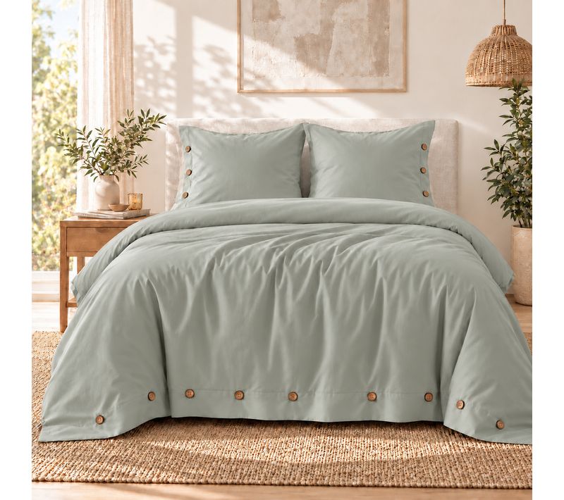 Housse De Couette 240 X 220 Cm + 2 Taies 65 X 65 Cm 100% Percale De Coton 120 Fils Perrine – Céladon