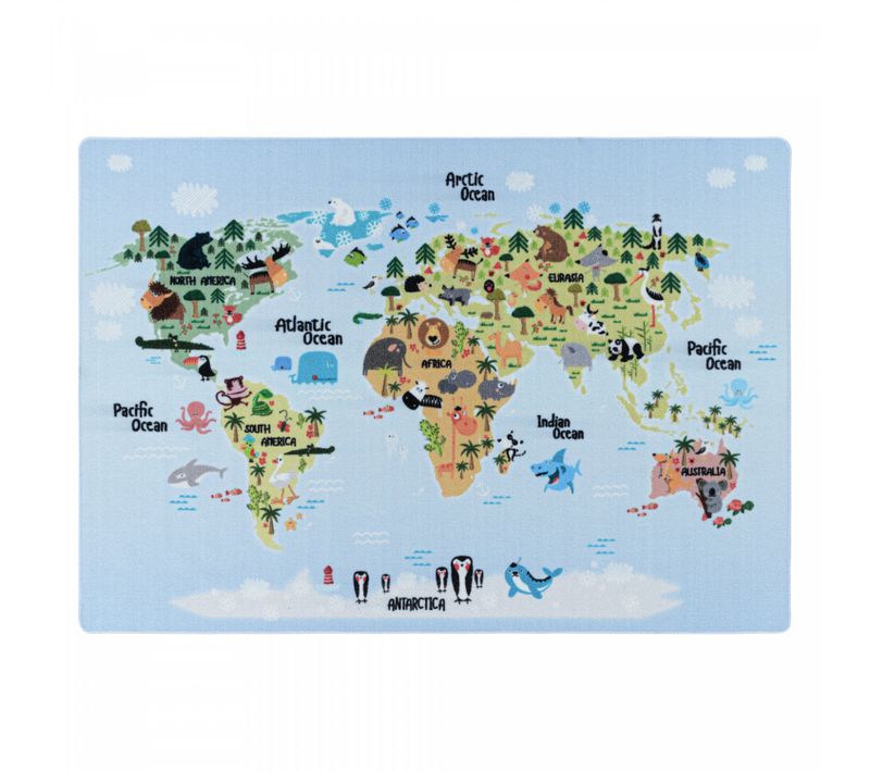 Carte Du Monde - Tapis Enfant Lavable Bleu 100 X 150 Cm