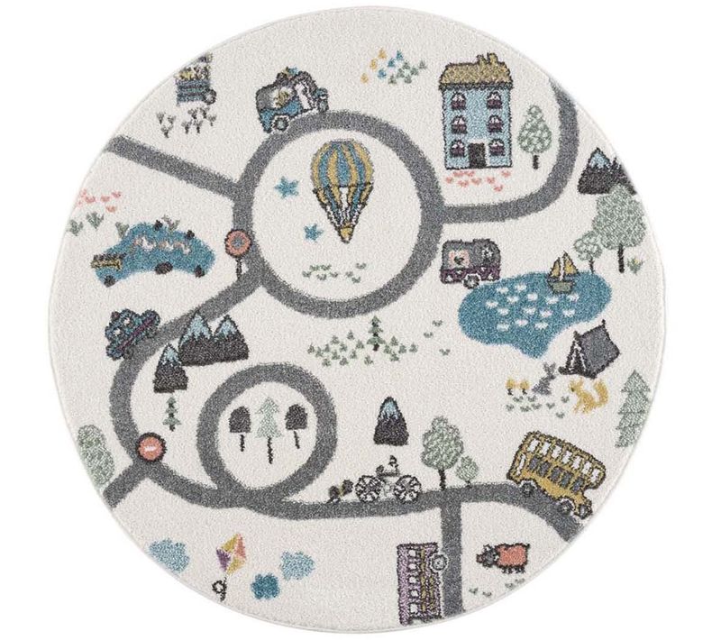 Tapis De Jeu Rond Pour Chambre D'enfant Blanc Motif Route De L'école 120x120cm