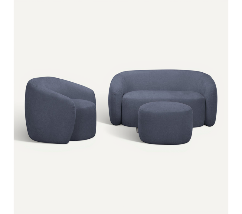 Aurelie - Pack Canapé Droit 2 Places + Fauteuil + Pouf Tissu - Bleu
