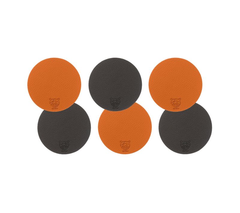 Sous-verre Rond Réversible - 6 Pièces - Cuir Recyclé Orange Et Chocolat