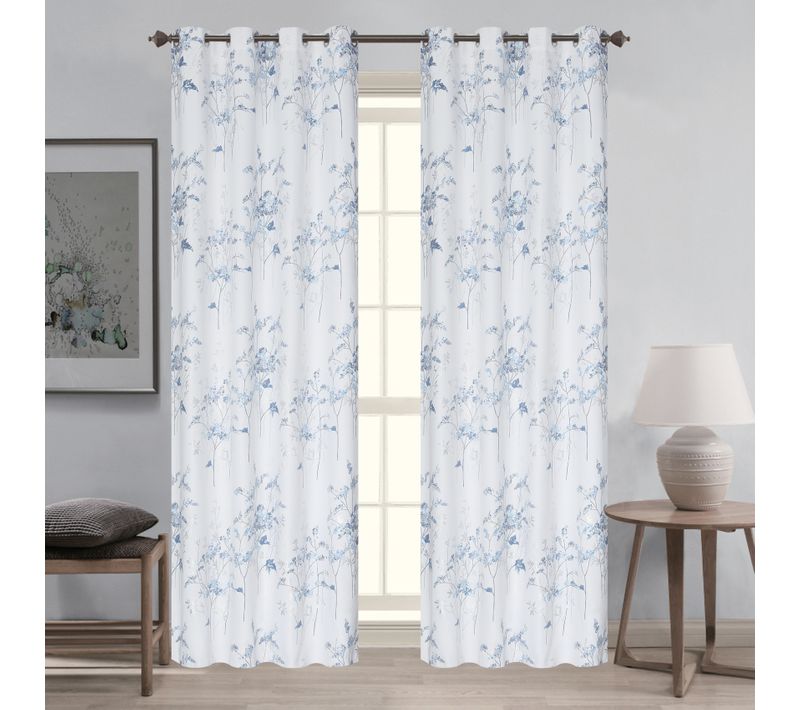 Paire De De Rideaux Occultants à Oeillets Motif Végétal - 140x260 Cm - Bleu